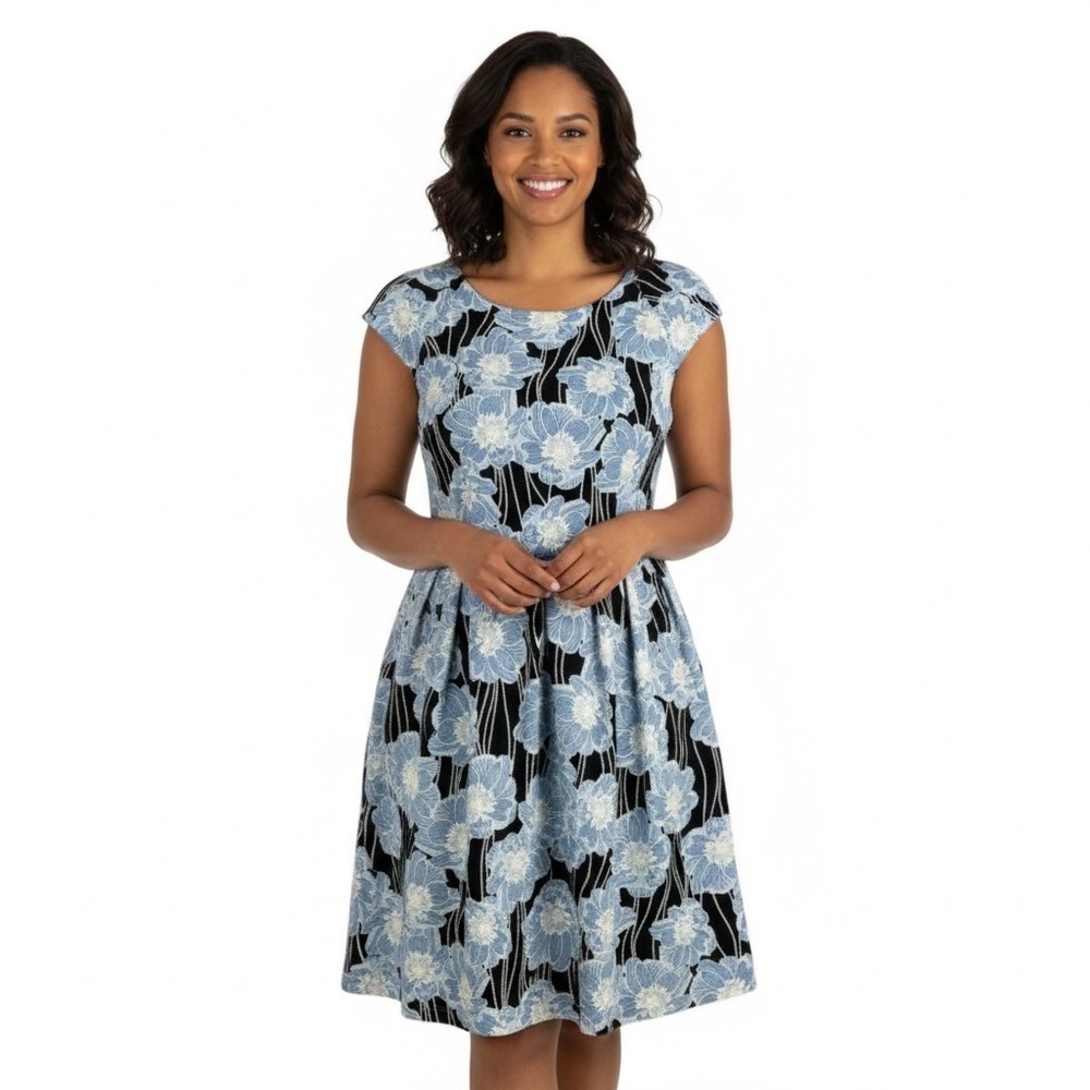 Rabbit Rabbit Rabbit Designs Floral Dress Women 14 Blue Black A Line Knee Length